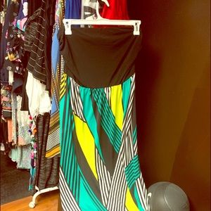 Long strapless maxi dress.